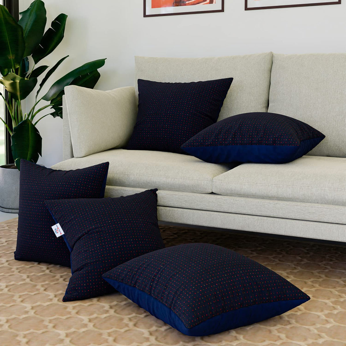 Heart Home Cushion Cover | Sofa Cushion Covers | Embossed Square Cushion Covers | Polyester Cushion Covers | Dot Print Couch Cushion Covers | Set of 5 | 16 Inch | Blue