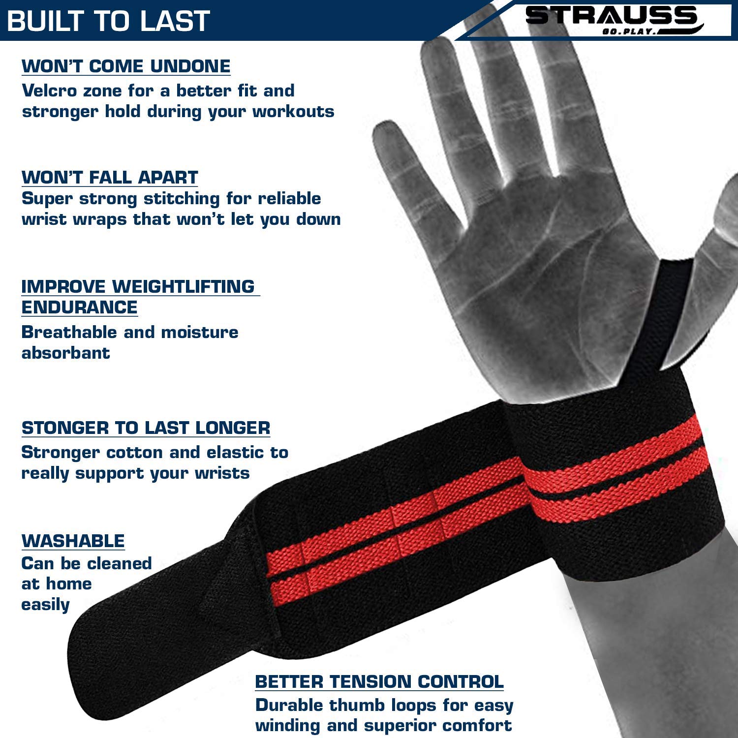 STRAUSS WL Cotton Wrist Supporter with Thumb Loop Straps & Closures for Gym, Workouts & Strength Training| Adjustable & Breathable with Powerful Velcro & Soft Material, (Black/red)
