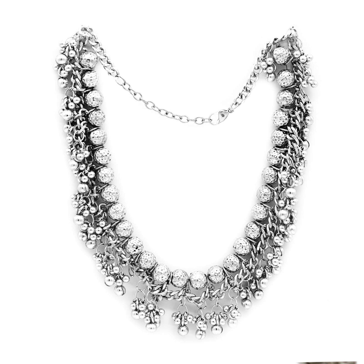 TEEJH Bodhi Silver Oxidized Gungroo Necklace For Women