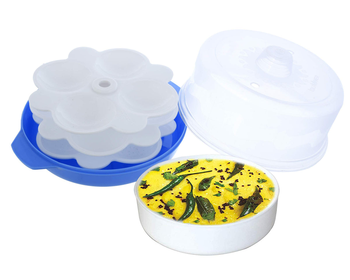 Kuber Industries Plastic Big Idli, Dhokla Maker Combo Set for Microwave with 3 Idli Moulds and 1 Dhokla Pan (Blue) - CTLTC44401