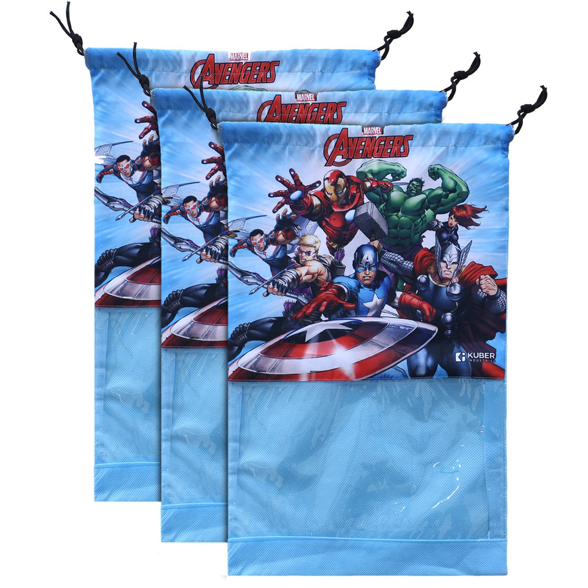 Kuber Industries Marvel Avengers Print Shoe Cover| Non-Woven Dust Proof Shoe Bag|Drawstring Sneakers Organizer & Transparent Front,Pack of 3 (Sky Blue)