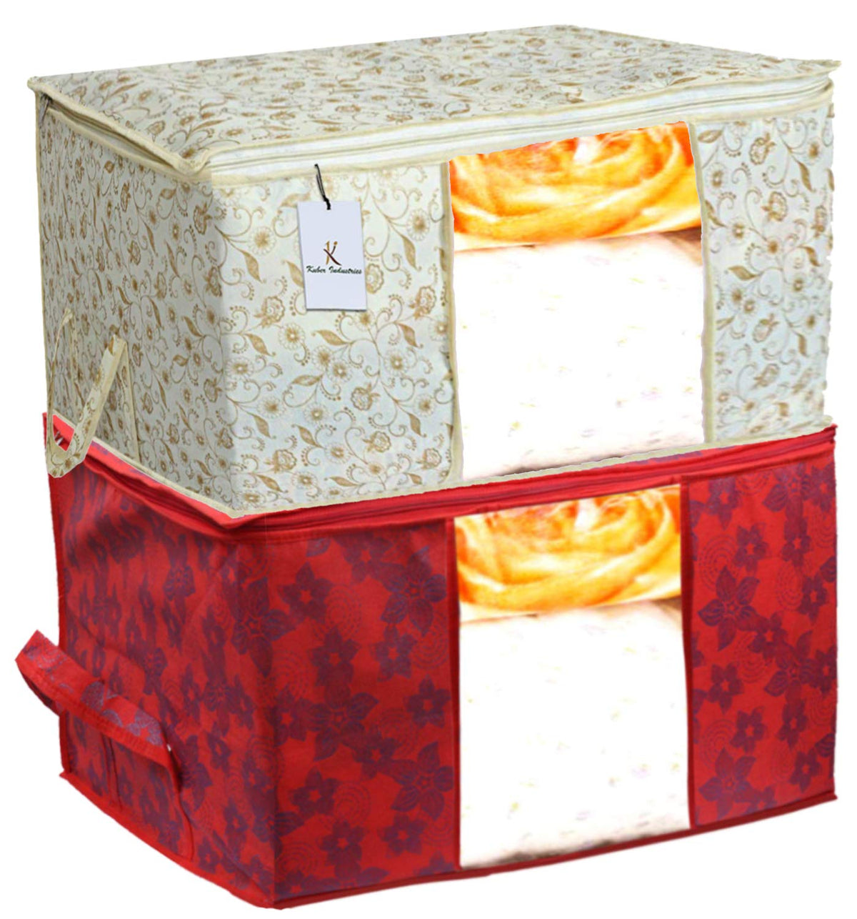 Heart Home Metalic Printed 2 Piece Non Woven Fabric Underbed Storage Bag,Cloth Organiser,Blanket Cover with Transparent Window, Brown & Red - CTHH22908