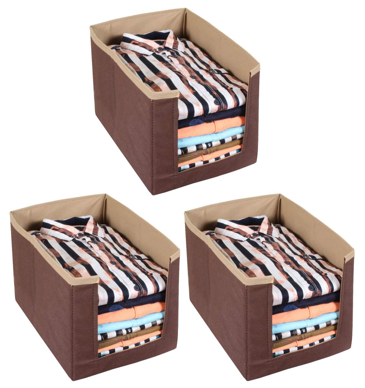 Kuber Industries 3 Pieces Non Woven Wardrobe Cloths Organizer-Shirt Stacker Storage Box (Brown & Light Brown)-KUBMART11319