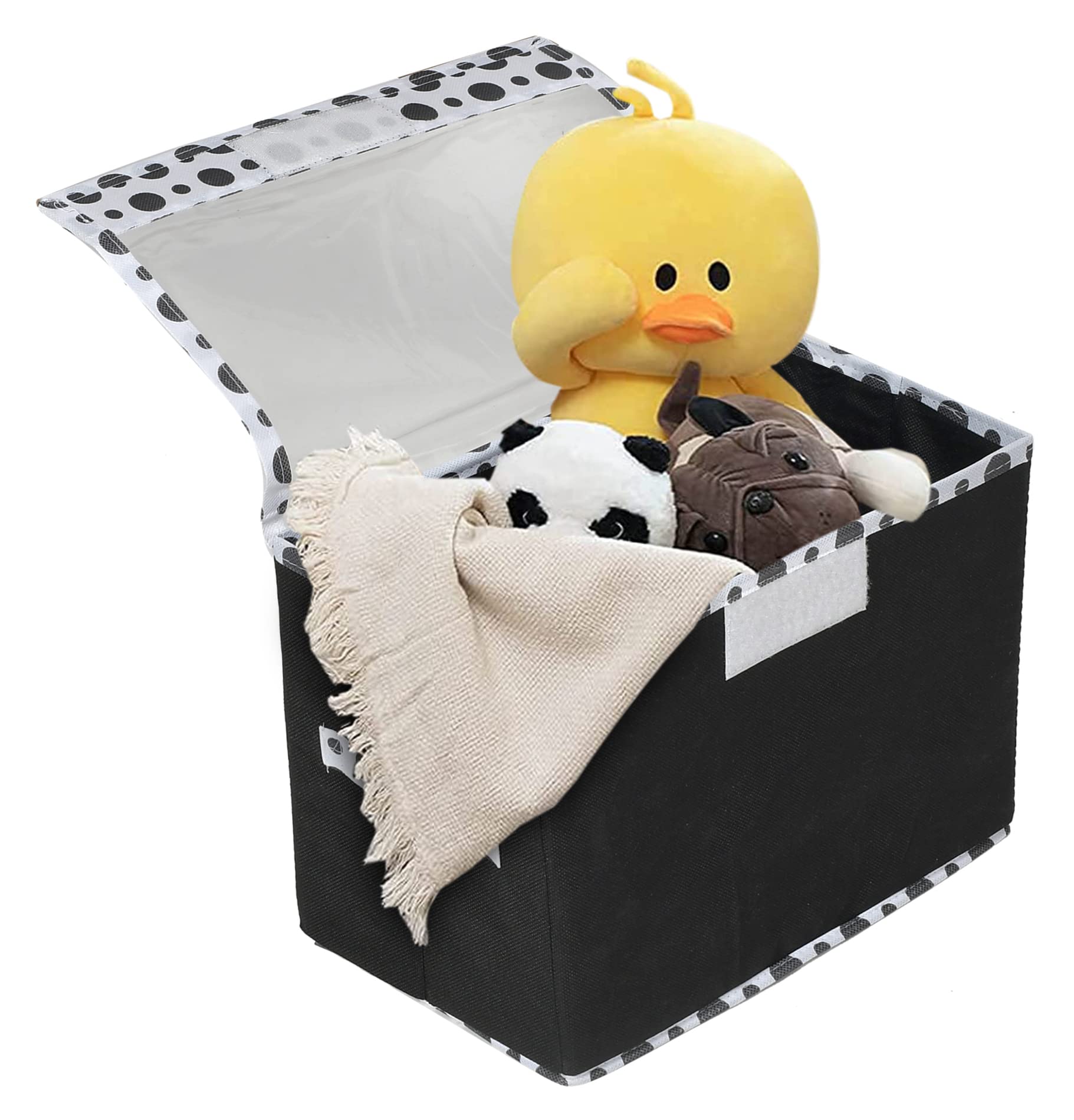 Heart Home Dot Printed Foldable Medium Non-Woven Storage Box/Bin For Books, Towels, Magazines, DVDs & More With Tranasparent Lid- Pack of 2 (Black) -44HH0418