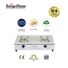 Surya Flame Ultimate PNG Gas Stove 2 Burners Stainless Steel Body Manual Direct use for Pipeline Gas - 2 Years Complete Doorstep Warranty