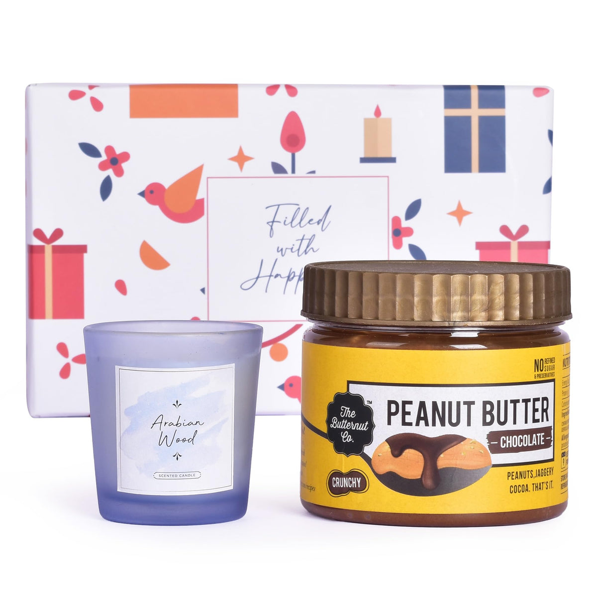 Gleevers Indulgent Delights Gift Set for Housewarming & Diwali|Gift Box of 2 with Peanut Butter 340g & Arabian Wood Candle 60g|Gift for Housewarming, Diwali Gift, Secret Santa Gifts