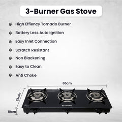Candes Toughened Glass Automatic Burner Gas Stove |Automatic Ignition |Tornado Burner | Gas stove Chulha| Auto Ignition Gas stove|LPG Gas Stove|ISI Certified | 300 Days Warranty| (3 Burner Automatic)