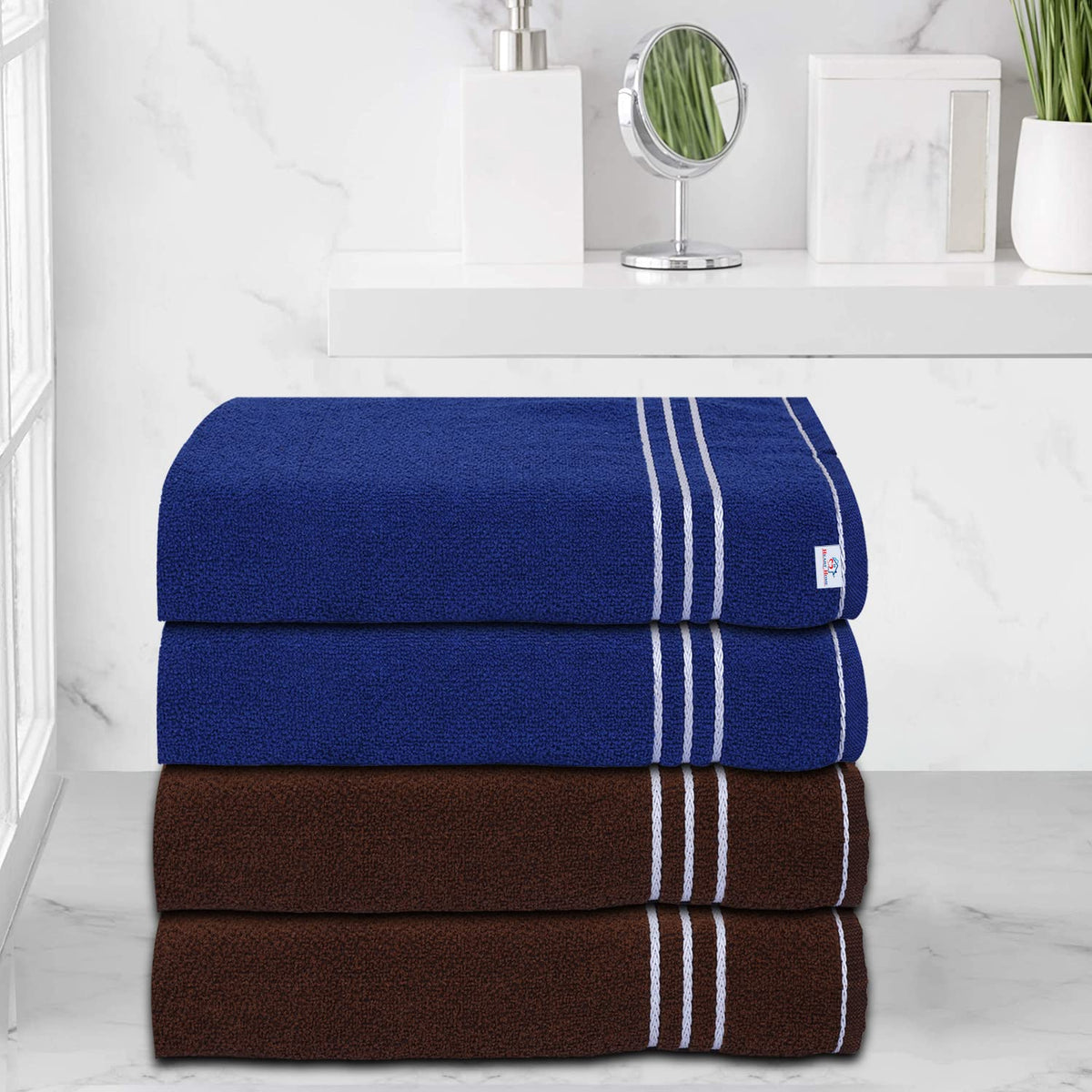 Heart Home Three Stripes Design Super Absorbent Cotton Hand Towel|Face Towel for Men,Women & Kids Pack of 4 (Brown & Blue)