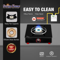 Surya Flame Smart 1 Burner Glass Top Chulha chulha Black Manual Ignition India's First PNG Gas Stove, ISI Certified Direct Pipeline Gas 2 Year Doorstep Warranty Including Glass