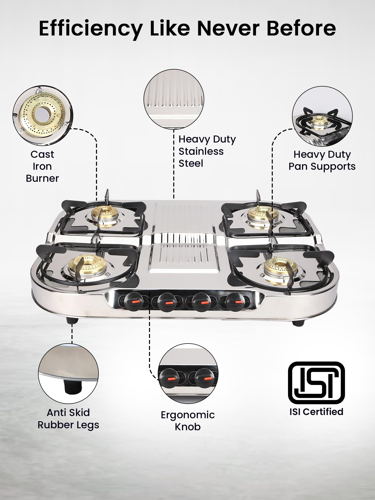 Candes Stainless Steel Manual Gas Stove |Die Cast Alloy Tornado Burner | Gas stove Chulha LPG Compatible |ISI Certified | Door Step Service,300 Days Warranty (4 Burner Oval Body)