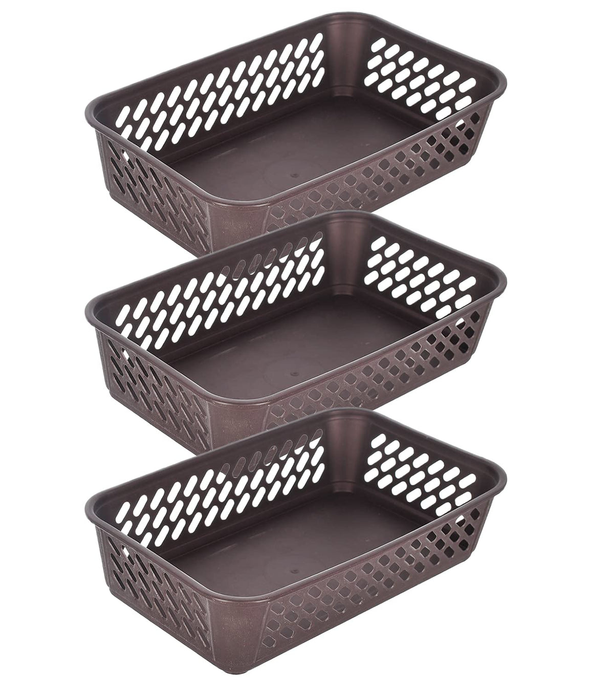 Kuber Industries Multiuses Super Tidy Plastic Tray/Basket/Organizer- Pack of 3 (Brown) -46KM0567