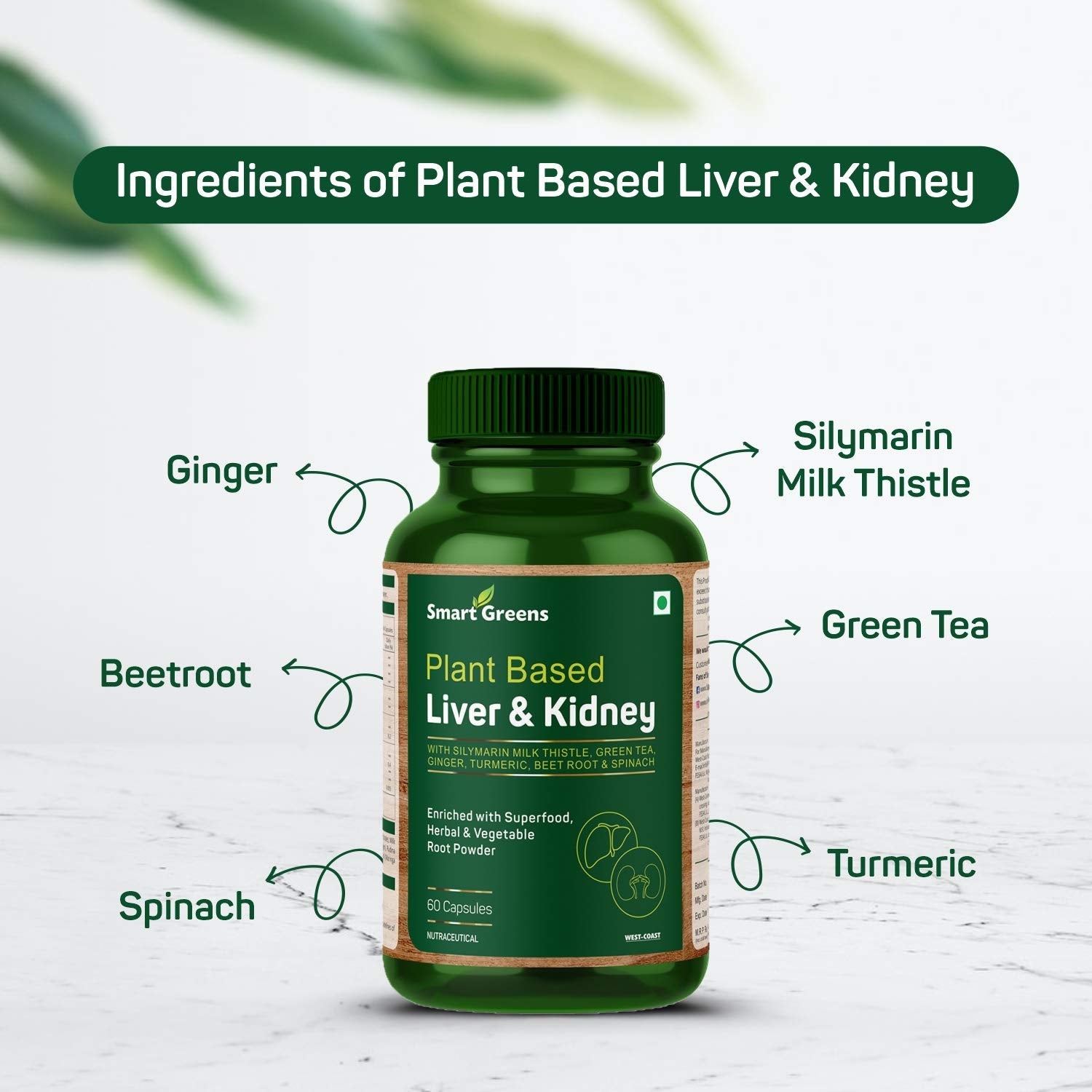 Smart Greens Plant Based Liver & Kidney Enriched with Silymarin Milk Thistle, Green Tea, Ginger, Turmeric, Beetroot & Spinach ‚Äì 60 Capsules