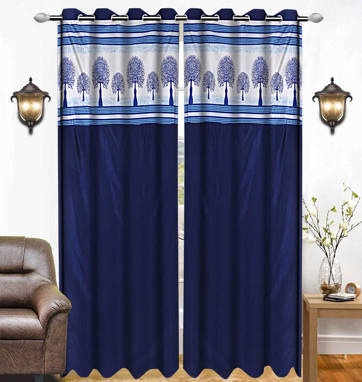 Kuber Industries Tree Design 1 Piece Polyester Eyelet Door Curtain 7 Feet (Blue)-CTKTC14164