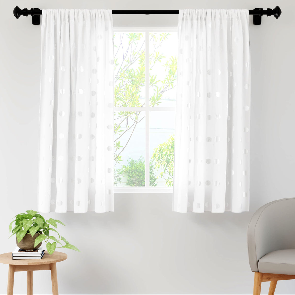 Encasa Homes Polyester Printed Window Curtain for 5 ft with Tie Back, Rod Pocket, Light-Filtering, Curtains for Kitchen, Bedroom, Living Room (140x152 cm), Dollar White, Set of 2