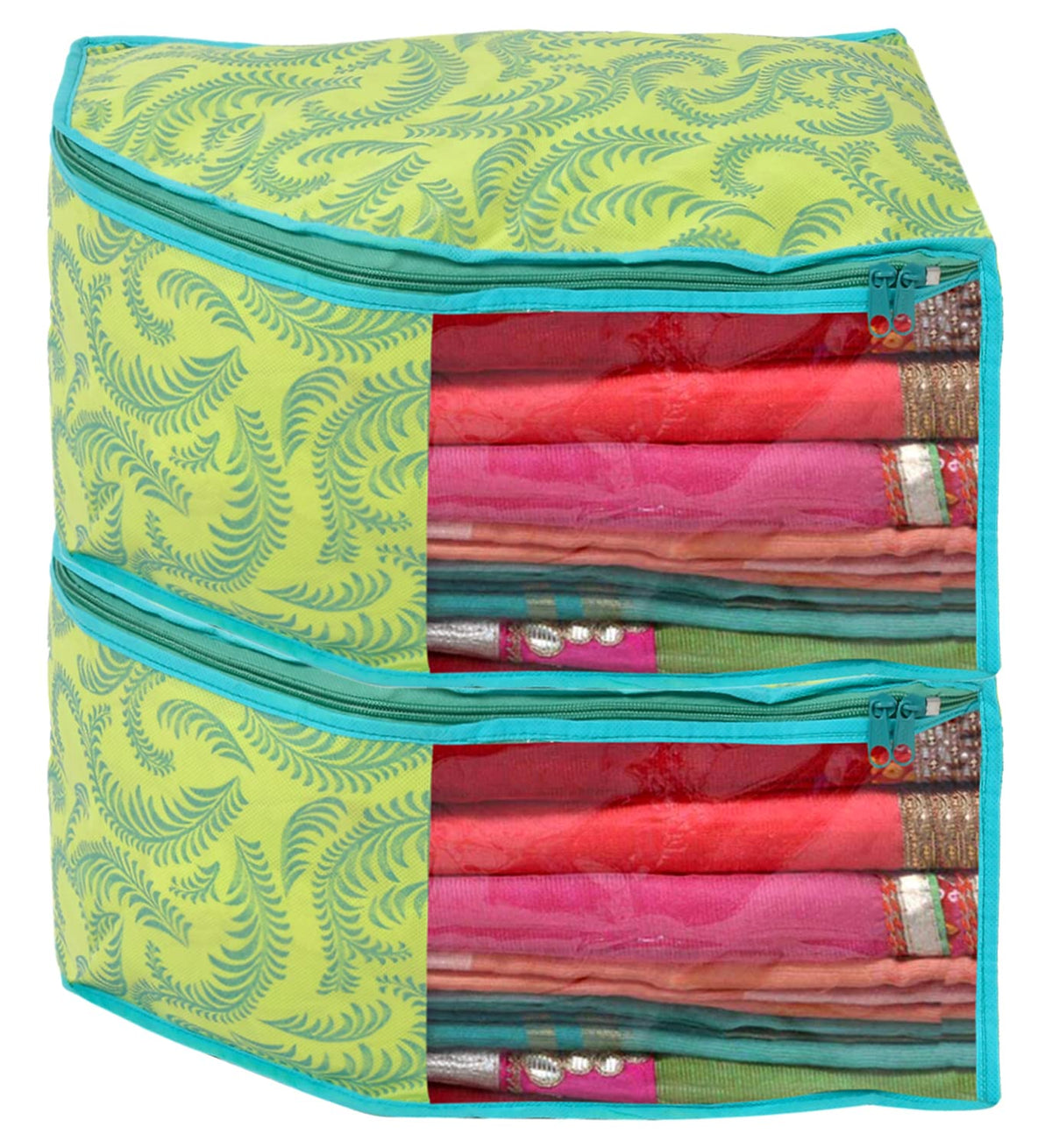 Kuber Industries Leaf Printed Non-Woven Blouse Cover Wardrobe Organiser Clothes Storage Bag With Front Window- Pack of 2 (Green)-44KM0528