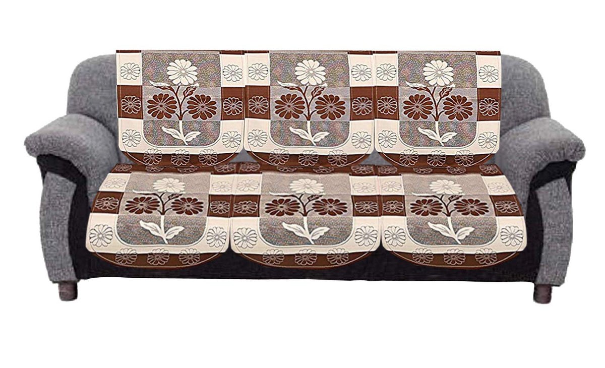Kuber Industries Side Flower Cotton 3 Seater Net Sofa Slip Cover, 70" x 29", Set of 2, Brown and White