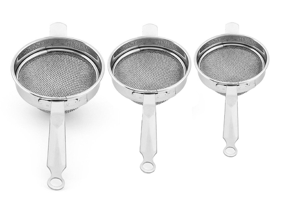 Heart Home 3 Pieces Stainless Steel Double Mesh Tea Strainer Chalni 8, 9, 10 cm Diameter (Silver) (CTHH018943)