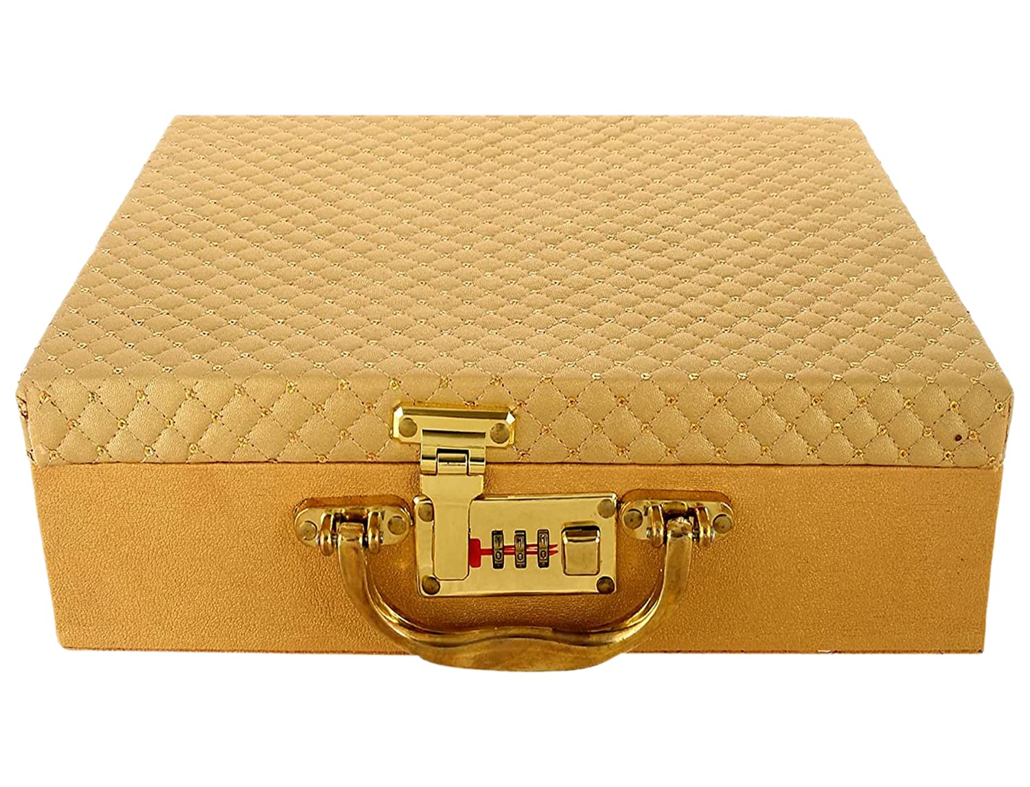 Kuber Industries Multipurpose Wooden Check Design 3 Rod Bangle Box/Organizer/Case With Mirror & Number Lock System (Gold)-47KM0569