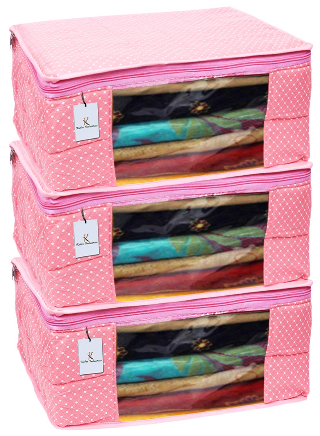 Kuber Industries Polka Dots 3 Piece Cotton 3 Layered Quilted Saree Cover, Peach-CTKTC025861