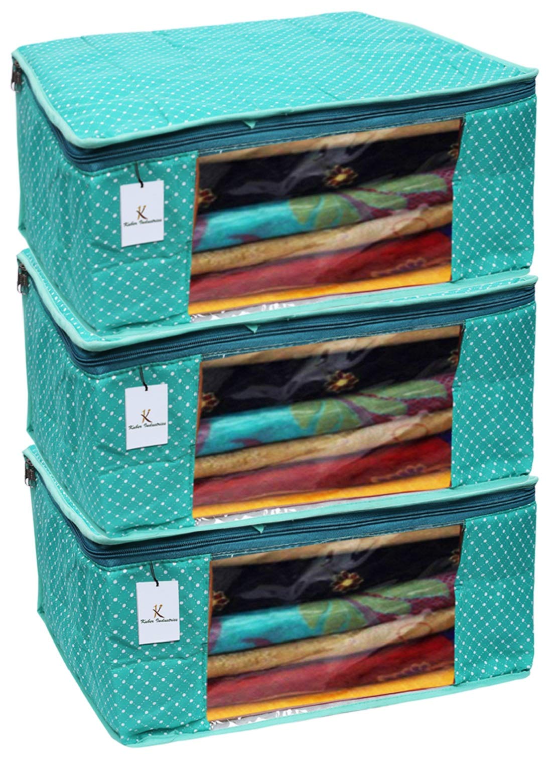 Kuber Industries Polka Dots 3 Piece Cotton 3 Layered Quilted Saree Cover, Green-CTKTC25825