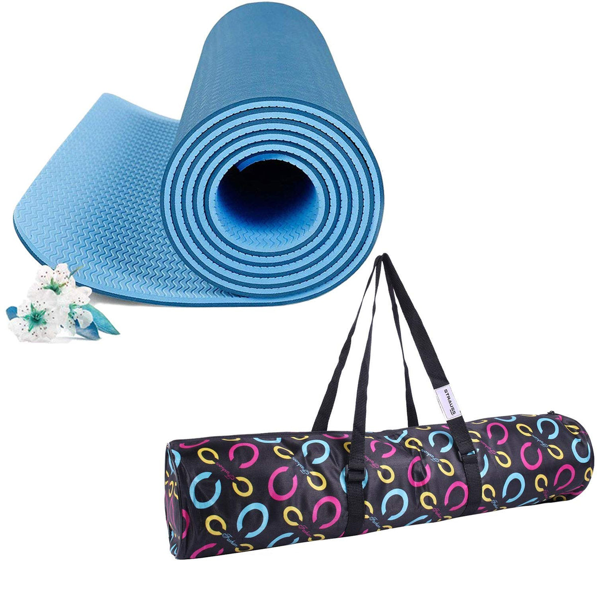 Strauss TPE Eco Friendly Dual Layer Yoga Mat, 6mm (Blue) and Yoga Mat Bag,Floral (Full Zip)