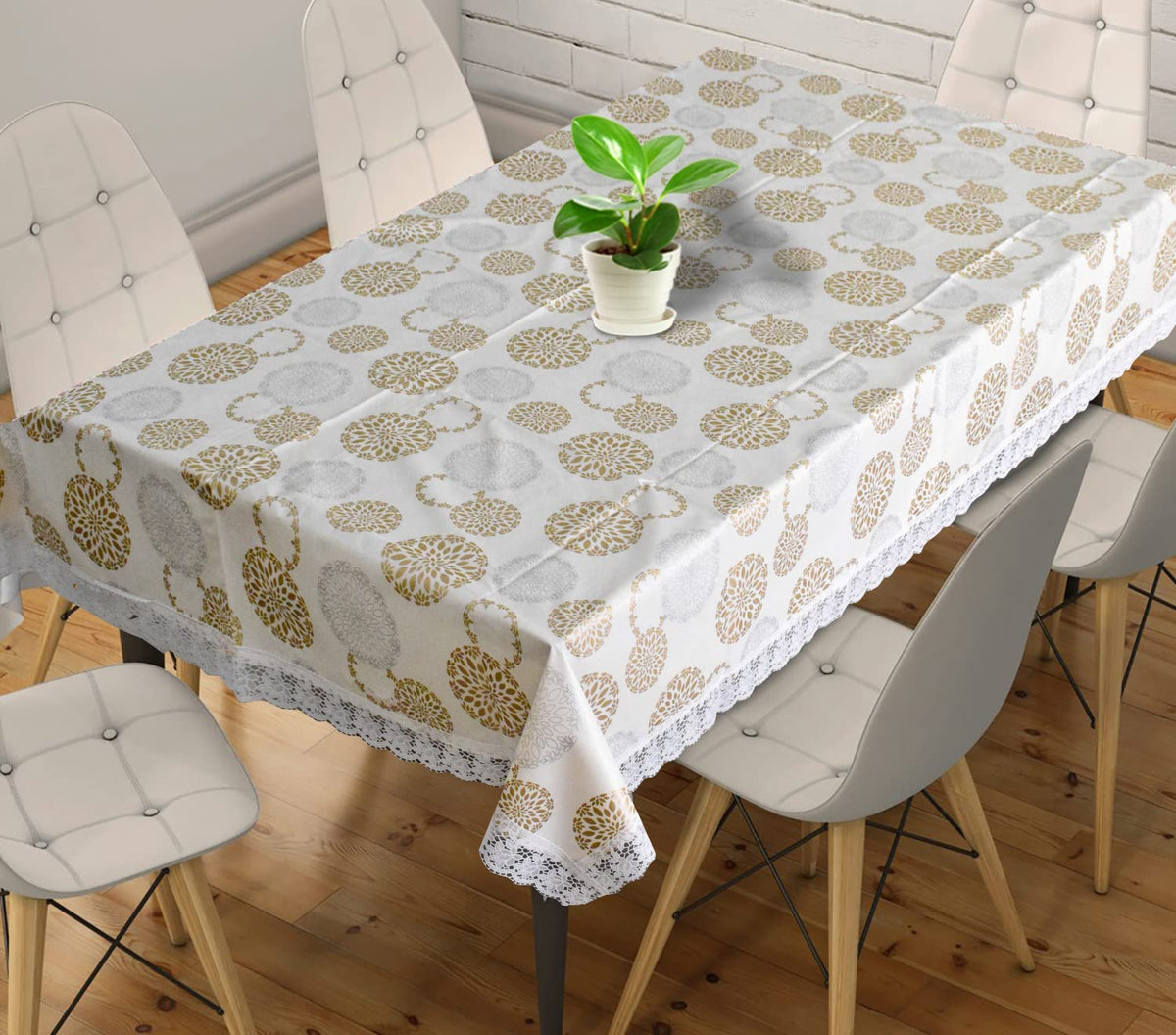 Kuber Industries 60"x90" Rangoli Printed PVC Waterproof, Antislip & Wipe Clean Dinning Table Cover for 6 Seater (Cream)-HS43KUBMART25644