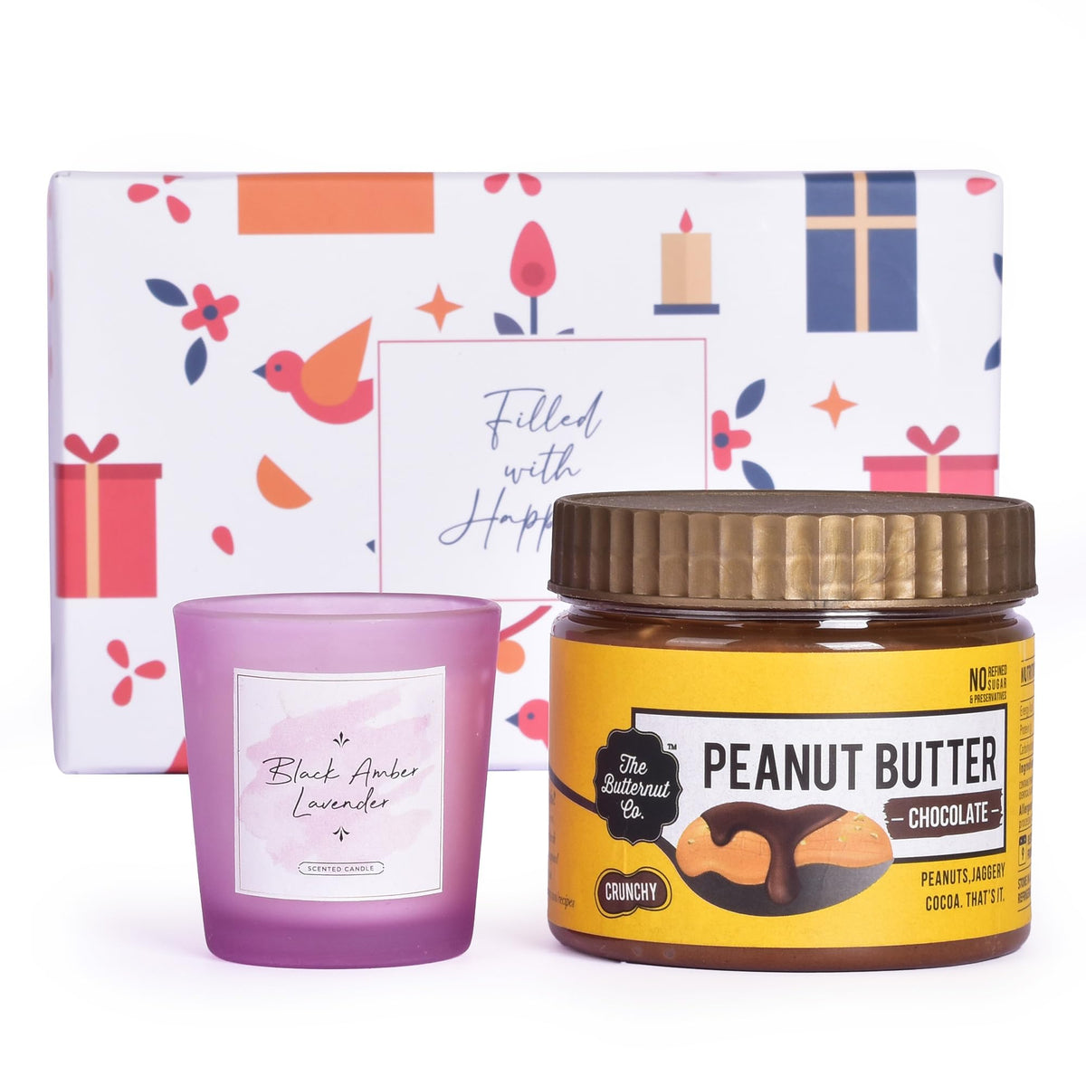 Gleevers Indulgent Delights Gift Set for Housewarming & Diwali|Gift Box of 2 with Peanut Butter 340 g & Black Amber Lavender Candle 60 g|Gift for Housewarming,Diwali Gift