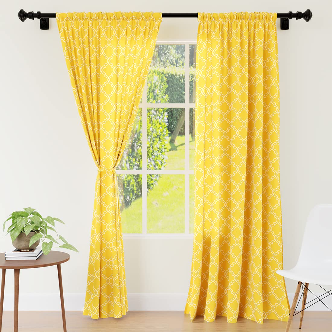 Encasa Homes Polyester Printed Long Door Curtain for 9 ft with Tie Back, Rod Pocket, Light-Filtering, Curtains for Kitchen, Bedroom, Living Room (140x274 cm), Trellis Yellow, Set of 2