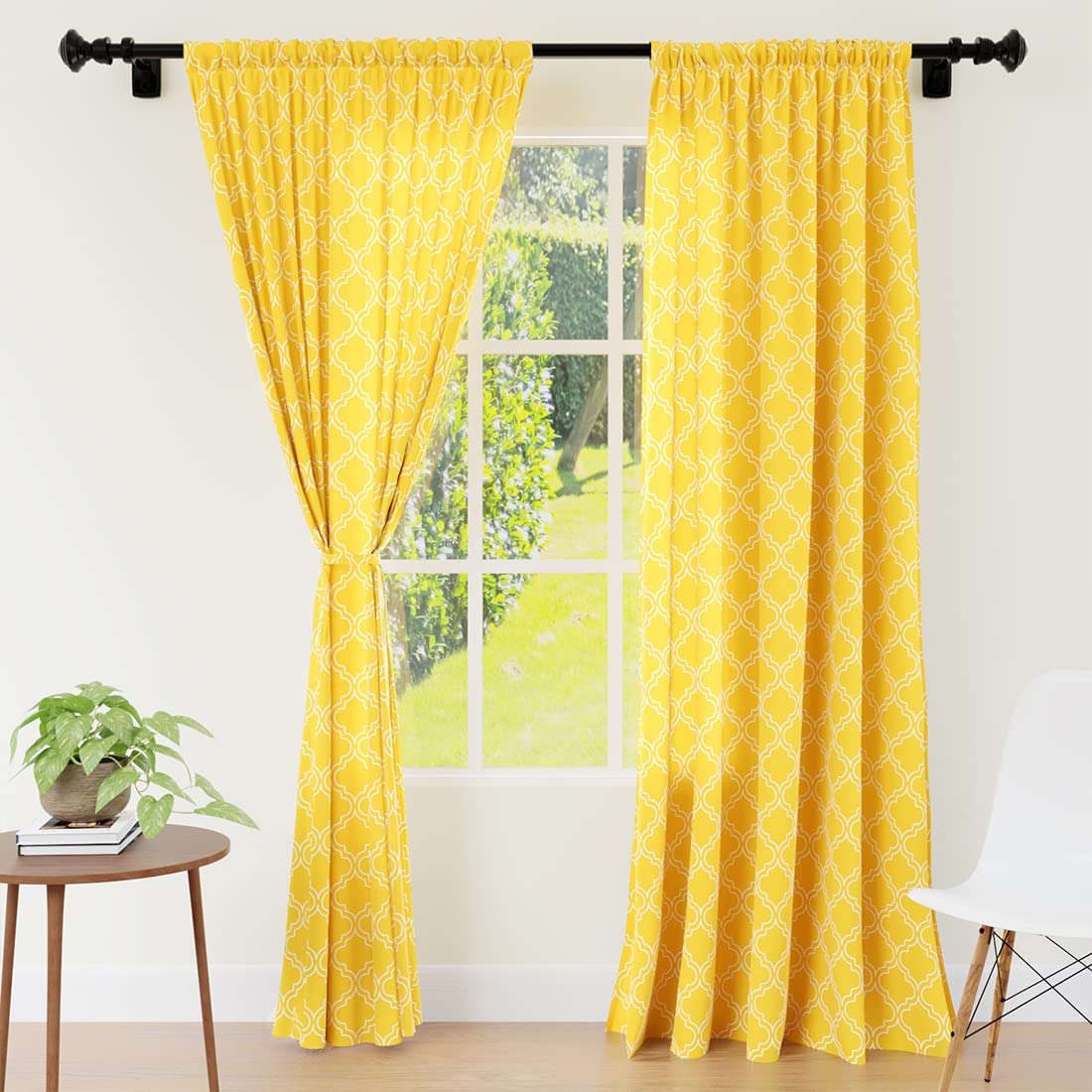 Encasa Window Curtain 8 ft Set of 2, Polyester Printed with Rod Pocket, Tie Back, Light-Filtering, Semi Sheer/Transparent Curtains- Kitchen, Bedroom, Living Room (140x244 cm), Trellis Yellow