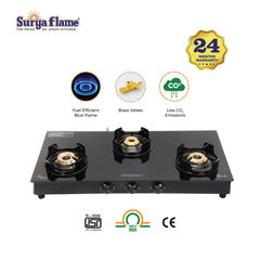 Surya Flame Black Beauty Gas Stove 3 Burners Glass Top | LPG Stove With Jumbo Burner & Flame Protection Pan Support | 2 Years Complete Doorstep Warranty - Black