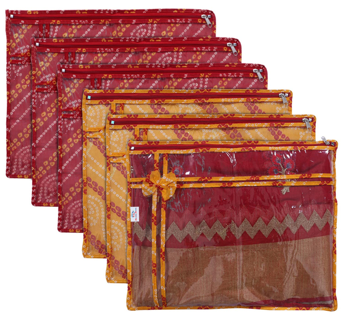 Heart Home Bandhani Print PVC Foldable Single Saree Cover|Clothes Storage For Saree, Lehenga, Suit With Transparent Pack of 6 (Red & Yellow)