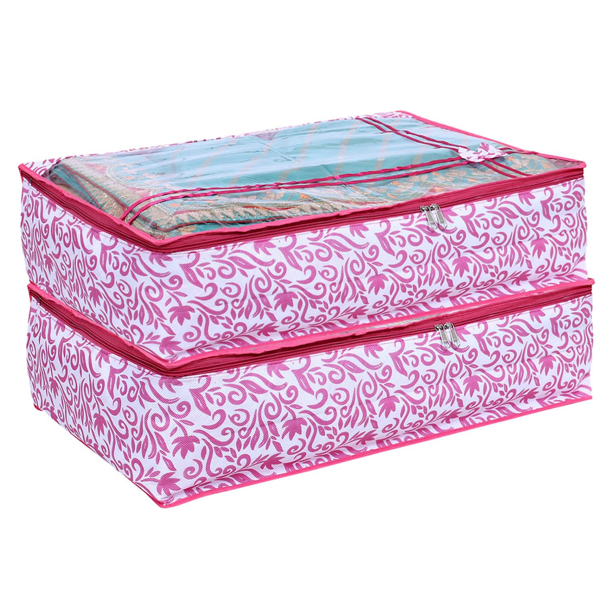 Heart Home Lehenga Cover | Non-Woven Gown Cover | Check Bow Pattern Garment Cover | Salwar Suit Cover with Top Transparent | Large | Pack of 2 | Cream