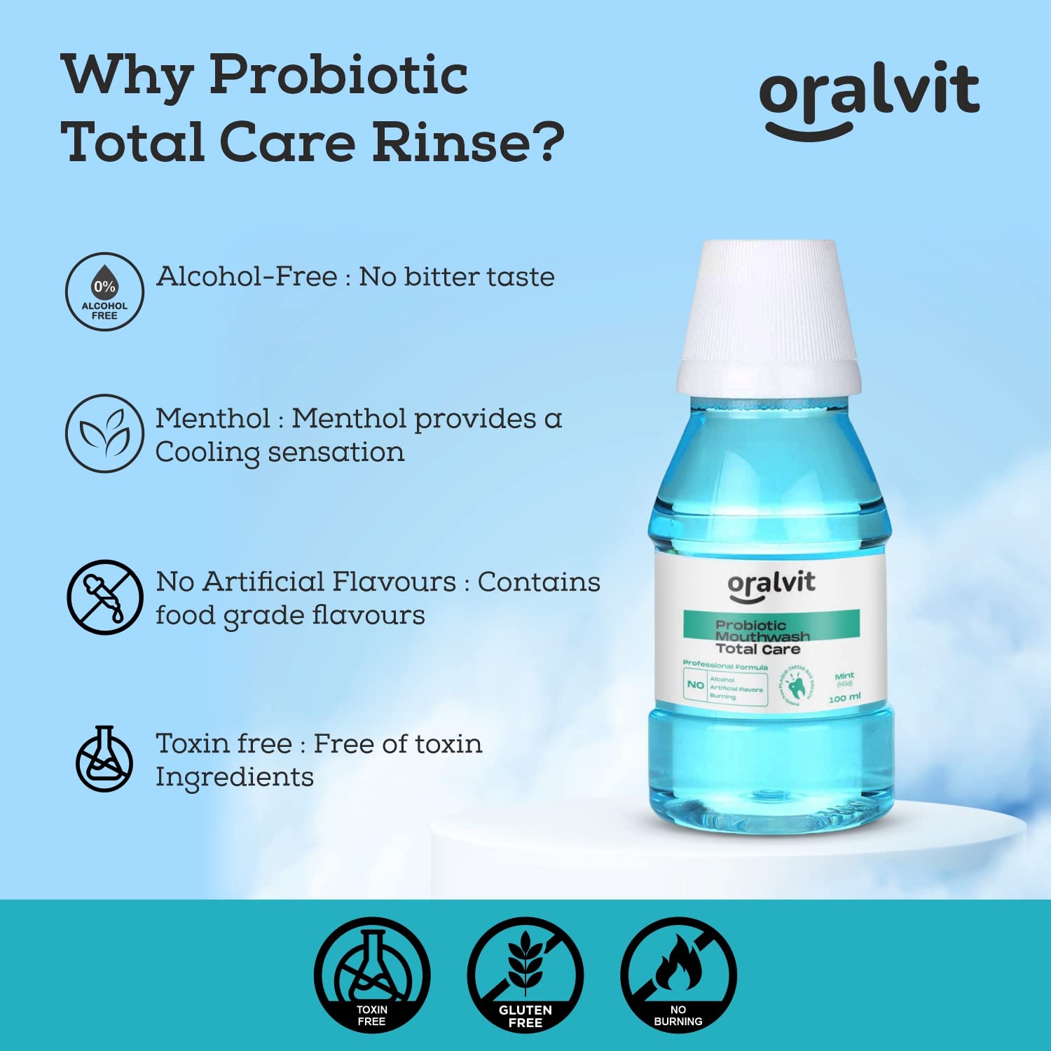 Oralvit Probiotic Total Care Mouthwash with Mild Mint | No Alcohol, No Burning Sensation, No Artificial Flavour | For Men & Women – 100ml (Pack of 3)