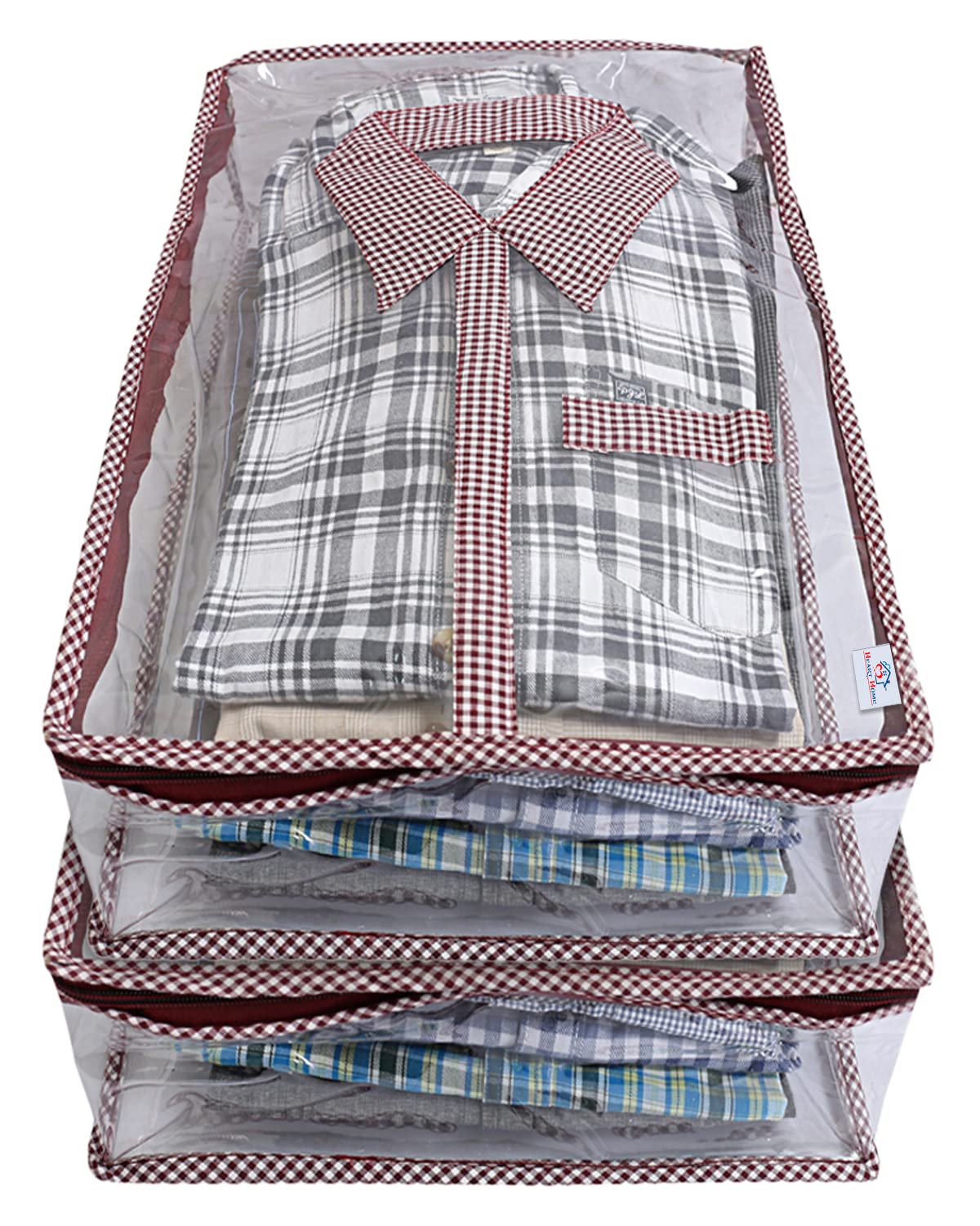Heart Home Check Print PVC Shirt Cover/Clothing Organizer/Wardrobe Organizer For Home, Traveling Pack of 2 (Maroon)