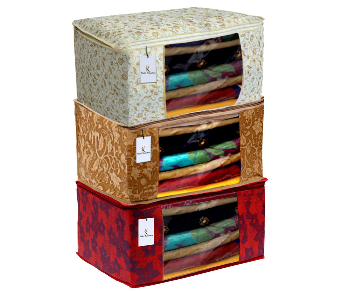 Kuber Industries Metalic Printed 3 Piece Non Woven Fabric Saree Cover Set with Transparent Window, Extra Large, Red & Beige & Brown - CTKTC040796