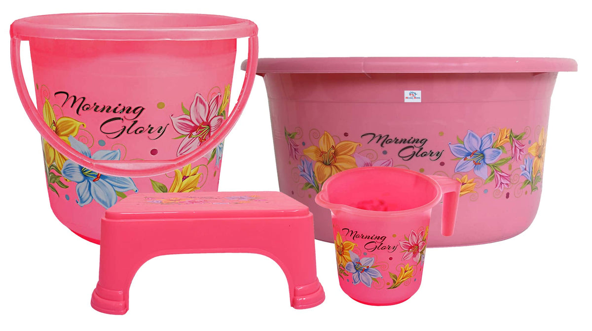 Heart Home Printed 4 Pieces Plastic Bucket, Stool, Mug & Tub Set (Pink)