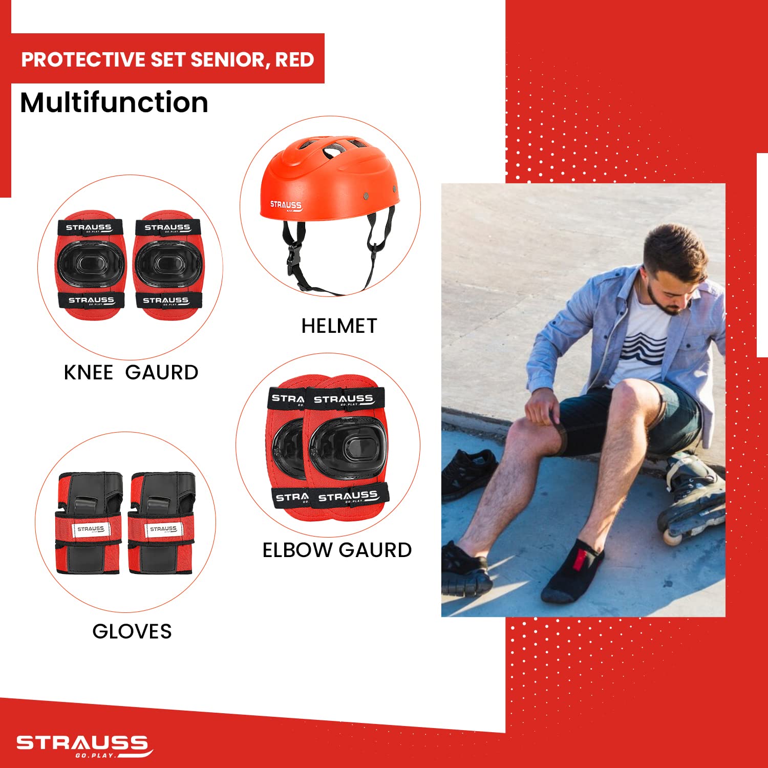 Strauss Professional All-in-One 4 Piece Protective Set for Roller Skating, Skateboarding, Inline Skating, Cycling & Running for Boys & Girls, Size Senior, (Red)
