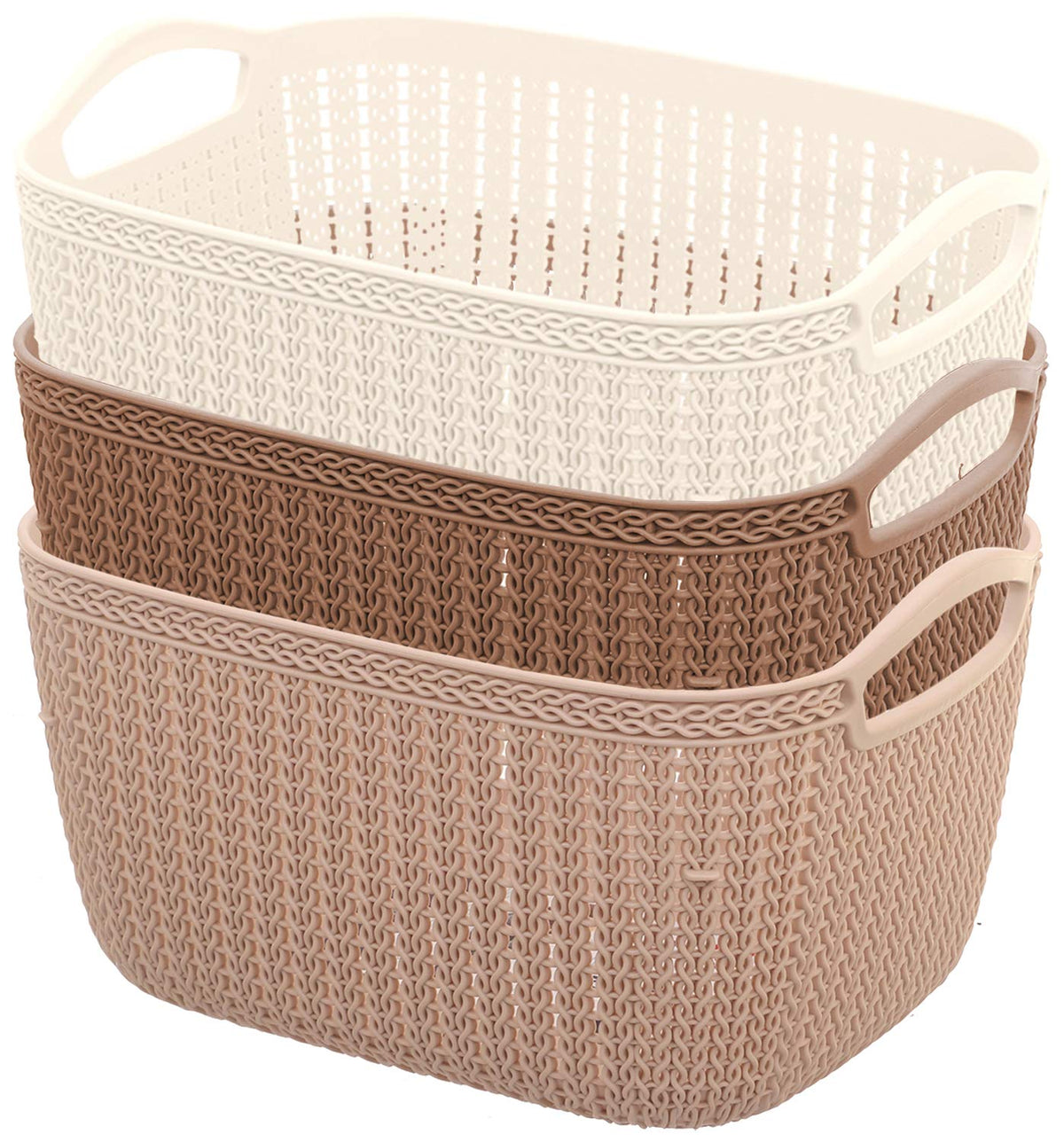 Kuber Industries Unbreakable Plastic 3 Pieces Multipurpose Large Size Flexible Storage Baskets/Fruit Vegetable Bathroom Stationary Home Basket with Handles (Peach & Brown & Cream) -CTKTC37854