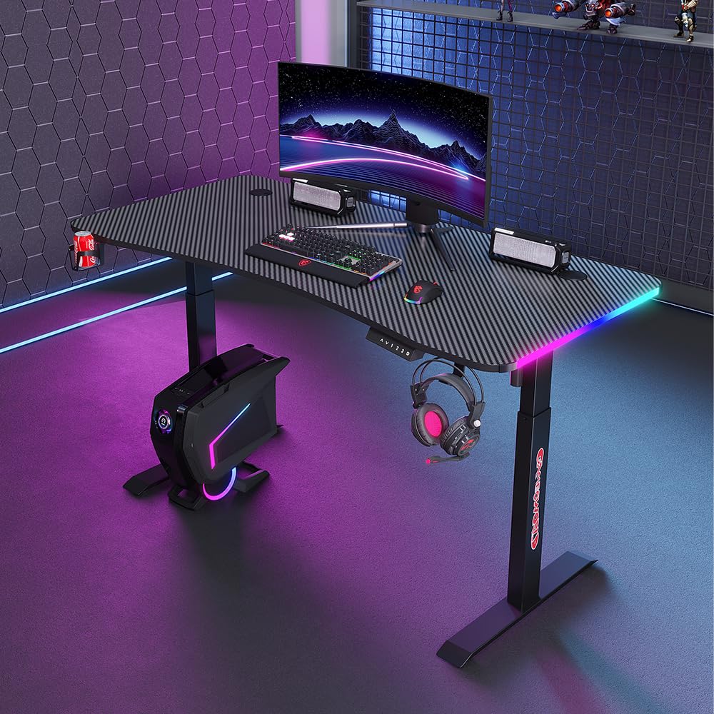 Savya Home Electric Height Adj. Engineered Wood Desk,Ergonomic Sit-Stand Desk with RGB Lighting Frame,Digital Display with Memory Preset Option, Cup Holder & Headphone Hook (160*60*(72-117) cm),Black