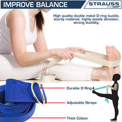 Strauss Yoga Strap & Stretching Belt | Ideal for Yoga, Pilates, Therapy, Dance, Gymnastics & Flexibility | 60% Thicker Belt with Extra Safe Adjustable Metal D-Ring Buckle | Eco-Friendly, 8 feet (Blue)