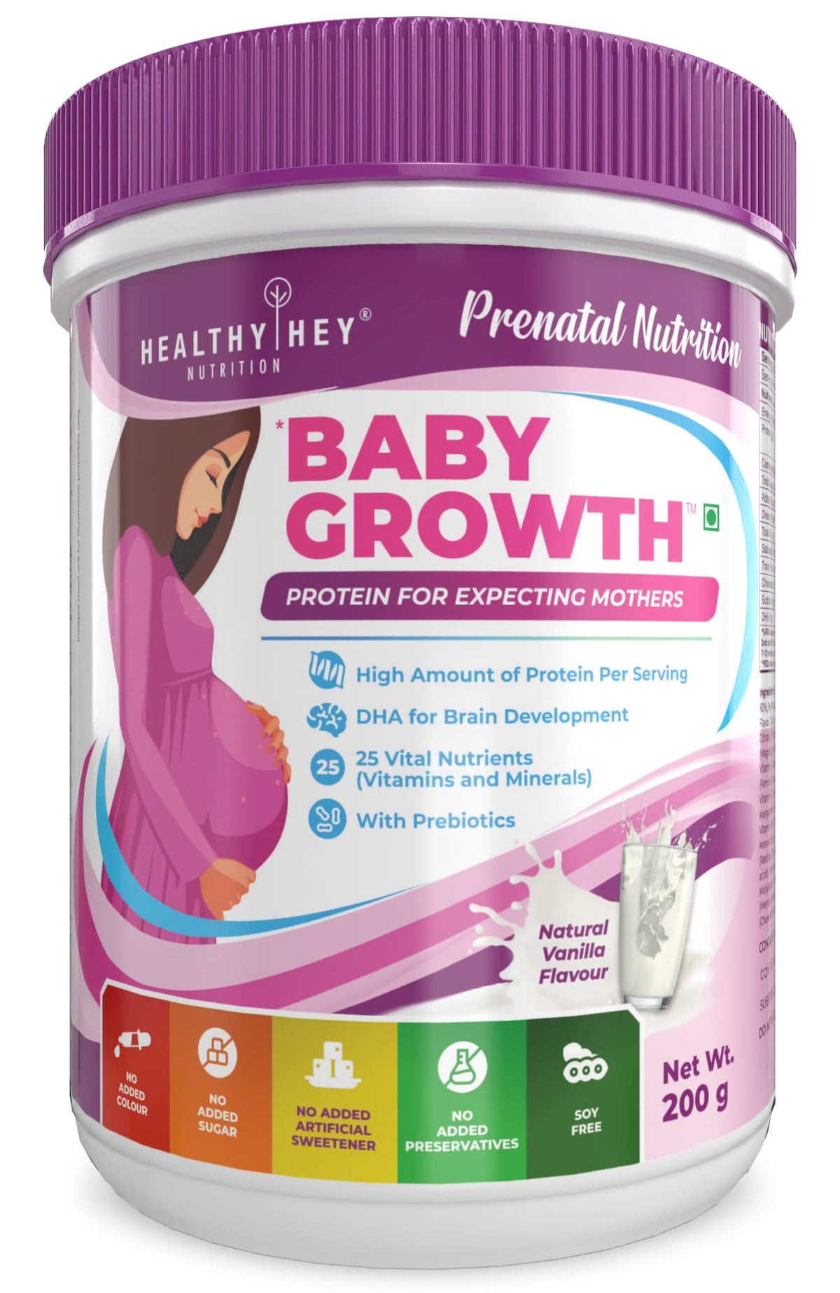 HealthyHey Nutrition - Prenatal Vitamin Supplement Shake for Expecting Mother - BabyGrowth - Vanilla - 200 gram - All Natural - Tastes Great- Vegetarian - High Protein - Prebiotics - Soy Free