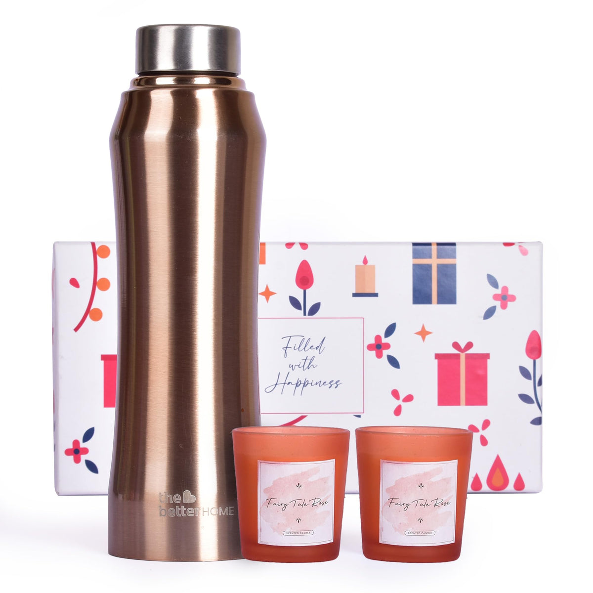 Gleevers Gift Set for Housewarming,Diwali | Gift Box of 3 with Stainless Steel Bottle(Gold, 1 LTR) & 2 Candles(Rose, 60g) | Gift for Housewarming, Secret Santa Gifts