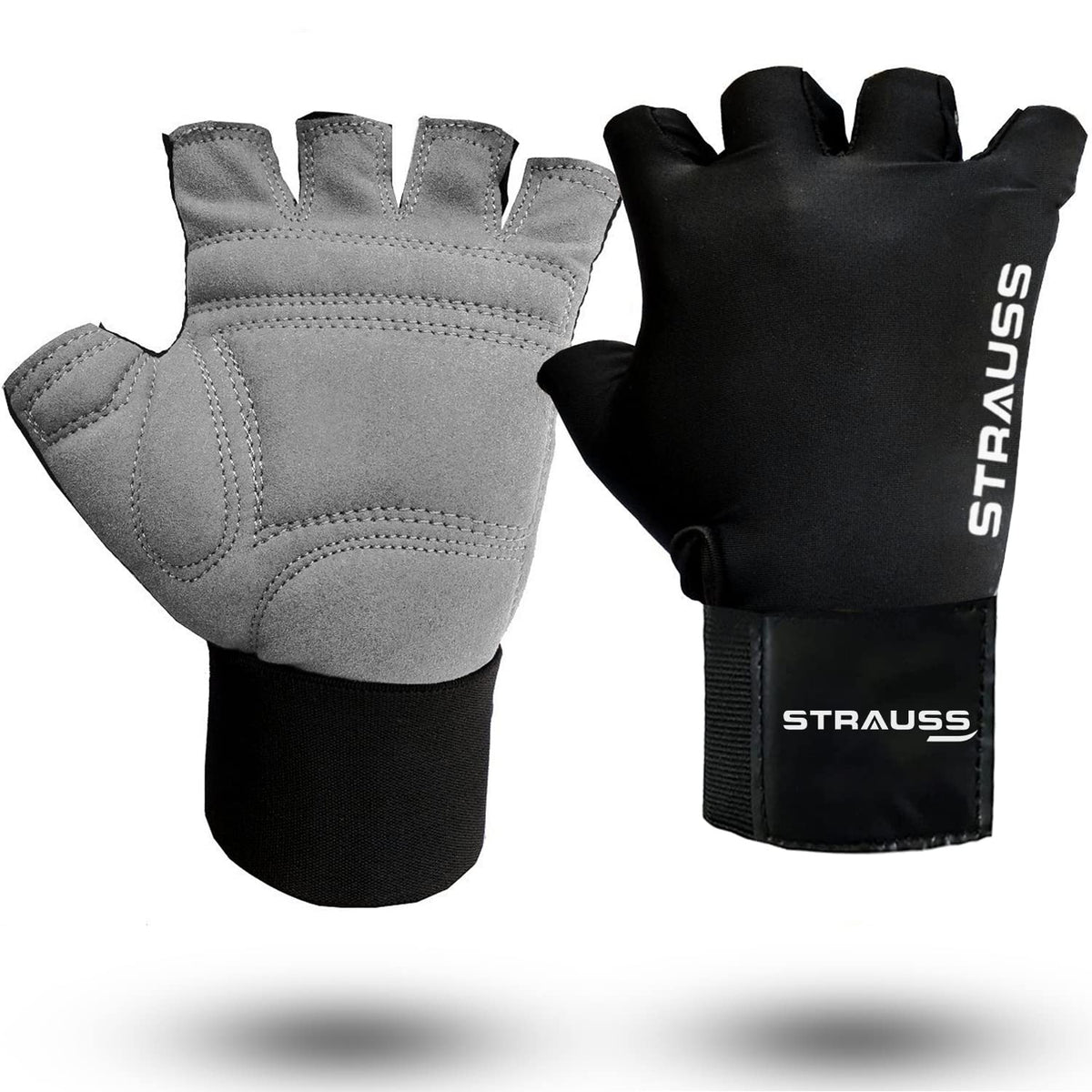 Strauss Suede Gym Gloves for Weightlifting, Training, Cycling, Exercise & Gym | Half Finger Design, 8mm Foam Cushioning, Anti-Slip & Breathable Lycra Material, (Grey/Black), (Large)