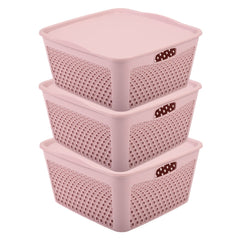Kuber Industries Netted Design Unbreakable Multipurpose Square Shape Plastic Storage Baskets with lid Medium Pack of 3 (Grey)