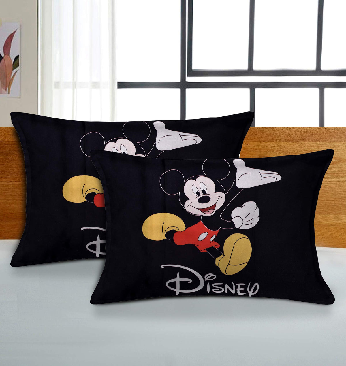 Kuber Industries Disney Mickey Print Silk Special Long Crush Pillow Cover- Set of 2, Black-KUBMART0180, Standard