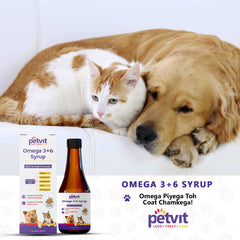 Petvit Omega 3 + 6 Syrup with Omega 3, 6, Vitamin A, Vitamin E, Biotin | Supports Healthy Immune System | Supports Healthy Skin Coat | Chicken Flavour | for All Ages Breed Dogs & Cats– 200 ml