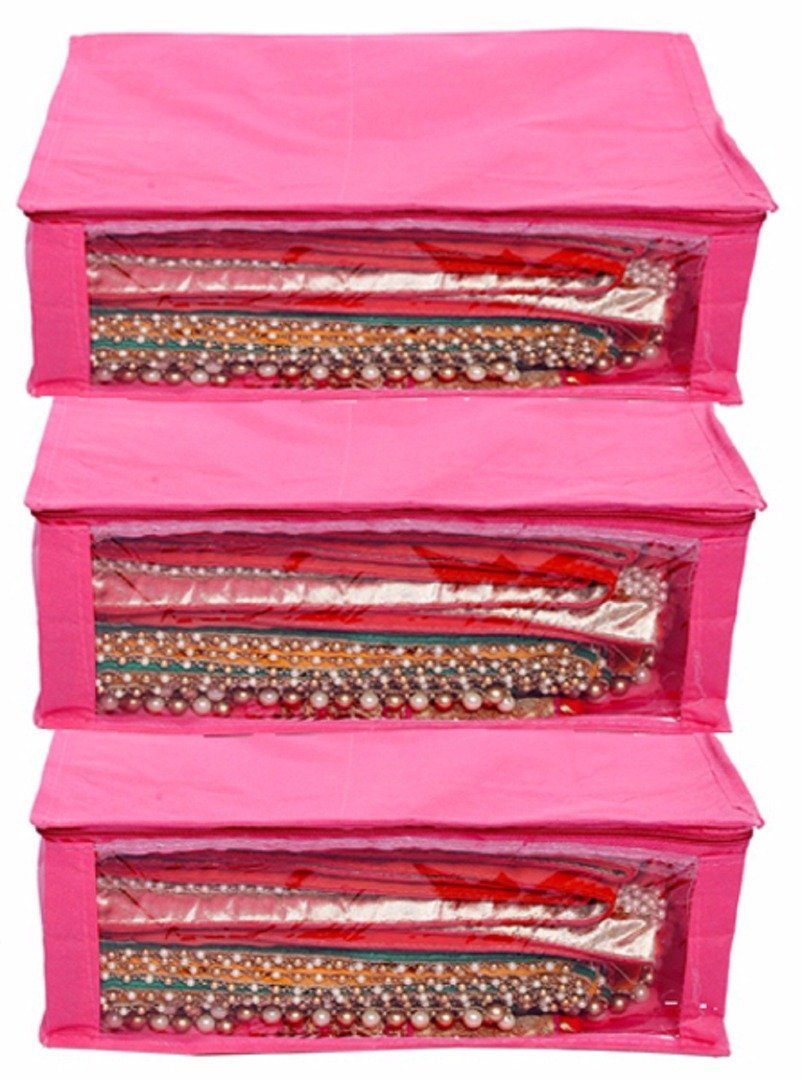 Kuber Industries 3 Piece Fabric Saree Cover, Pink