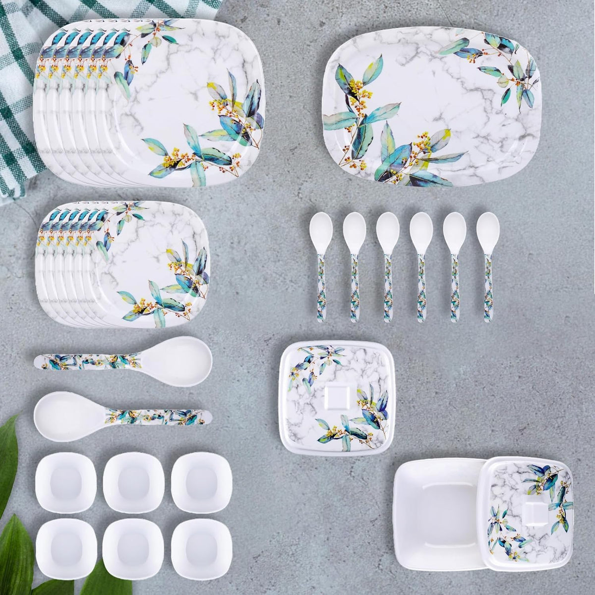 Gleevers X USHA SHRIRAM Dinner Set for Wedding & Housewarming Gift | 31 Piece | Dinner Set for Family | Melamine Set | Unbreakable | Heat Resistant| Durable| Shatter Resistant | BPA Free (Blue Marble)