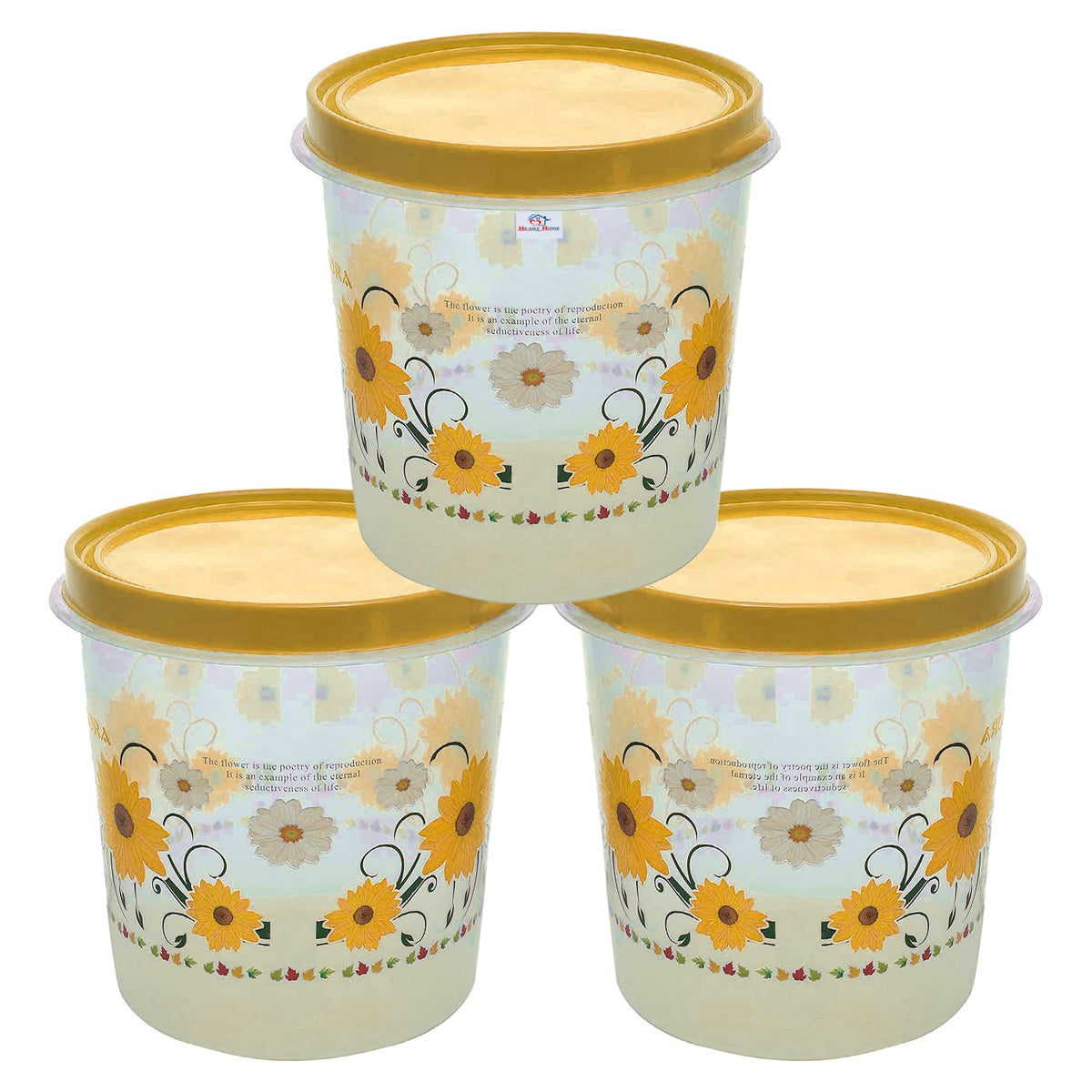 Heart Home Storage Container|Durable Plastic Floral Design BPA Free Food Kitchen Organizer with Lid|Food Utility Jar, 5 LTR, Pack of 3 (Yellow)