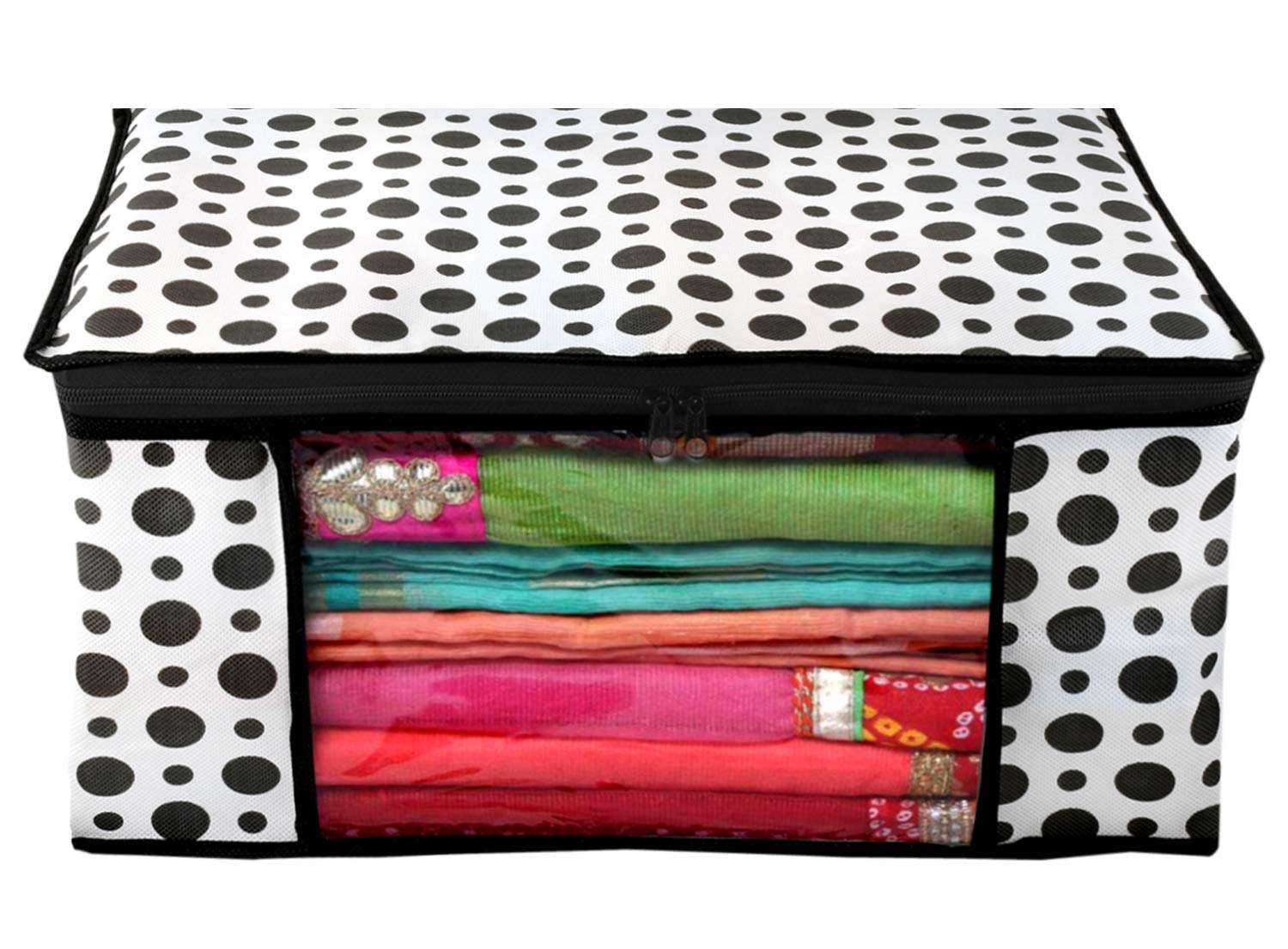 Kuber Industries Polka Dots Design 6 Piece Non Woven Fabric Saree Cover/ Clothes Organiser For Wardrobe Set with Transparent Window, Extra Large,(Black & White) -CTKTC038089 Pack of 6